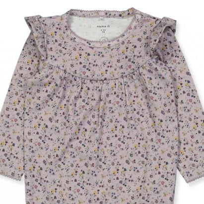 Langarm-Body mit Blumenmuster & Rüschen – Flieder